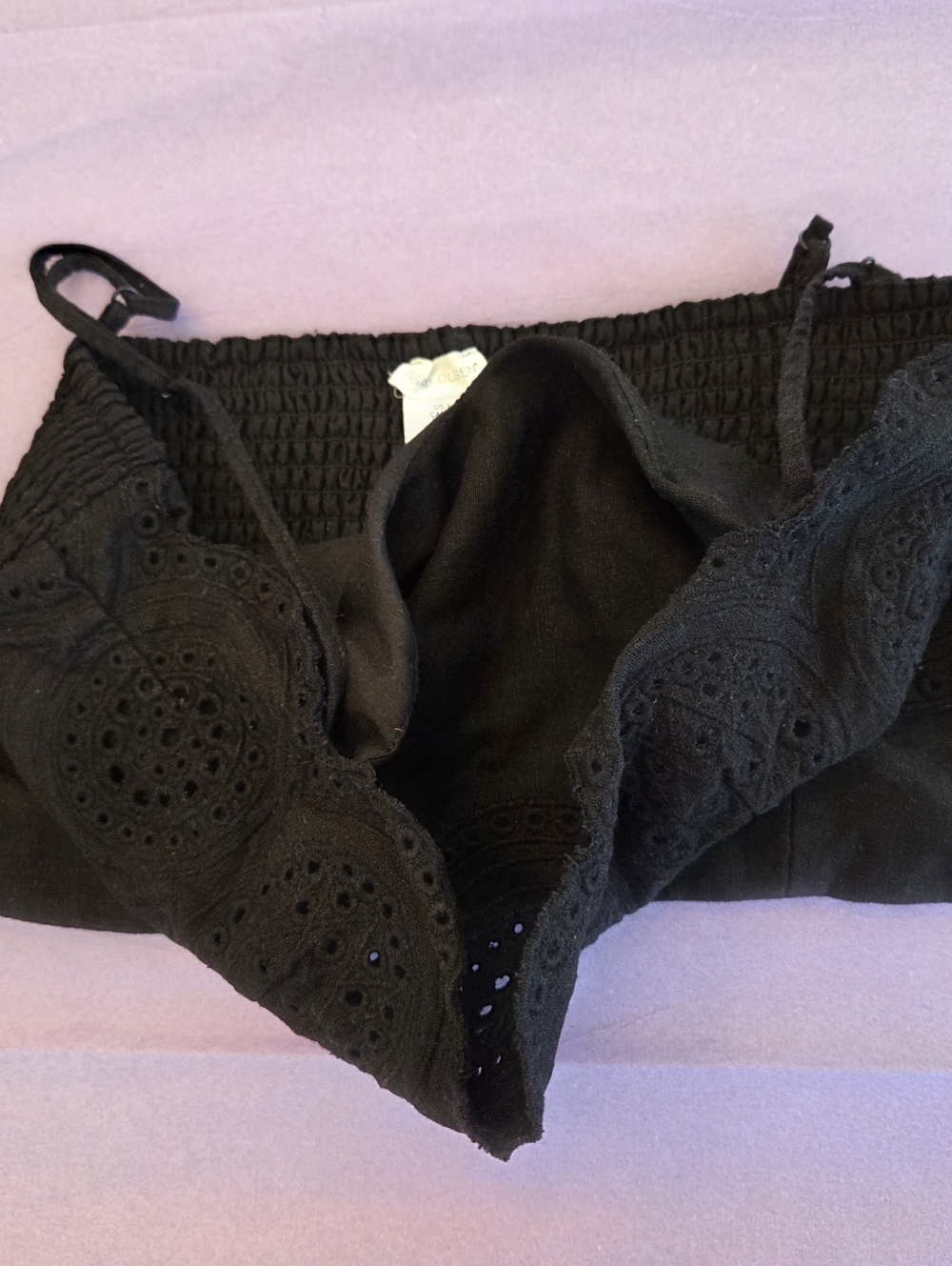 Sigrid Olsen Linen Crop Top Artisan Crafted Eyelet Scalloped Black L Smock Back - Picture 8 of 11